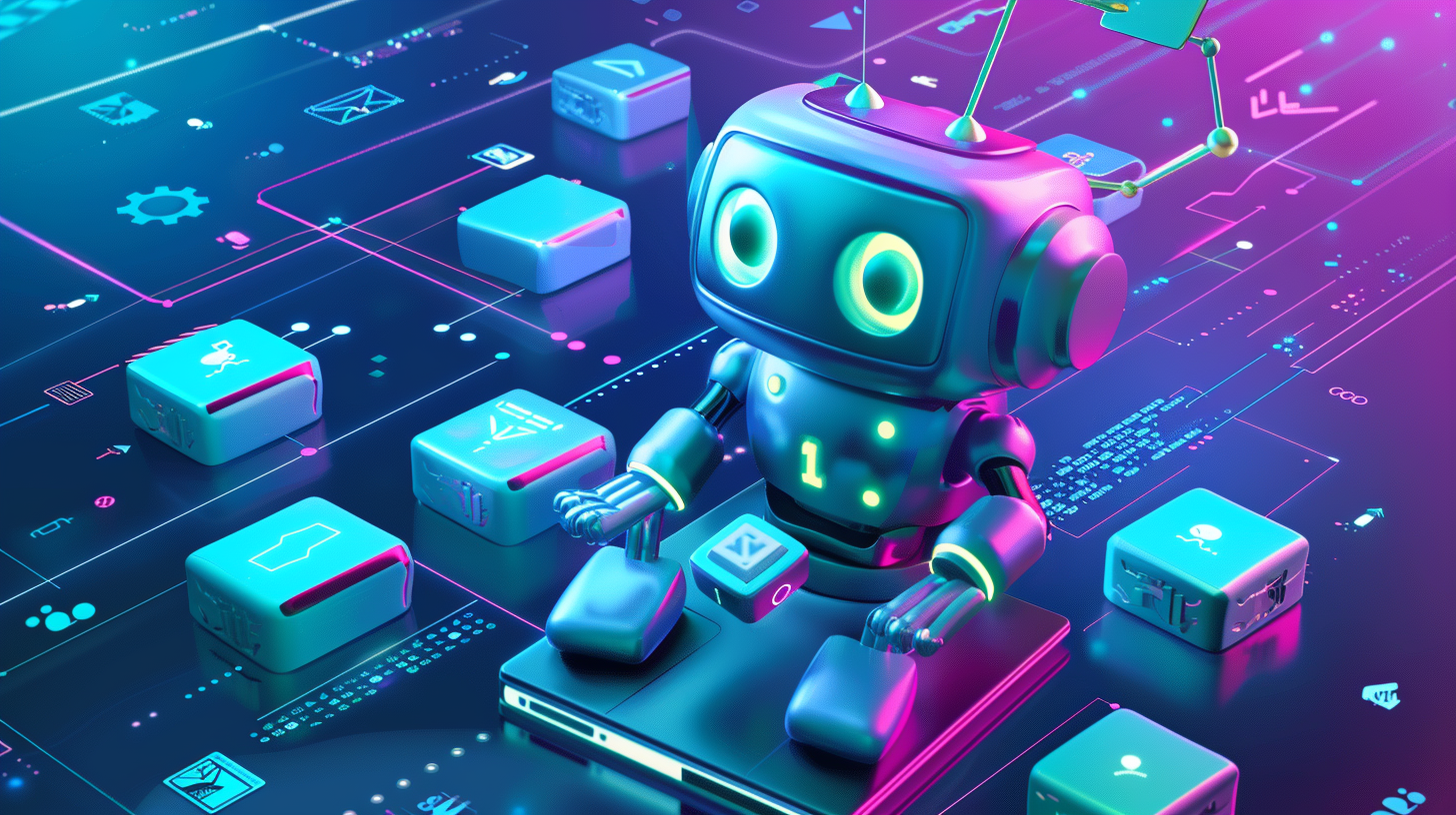 Friendly cartoon robot builds an AI workflow by snapping together colorful blocks on a floating screen, symbolizing no-code AI agent creation