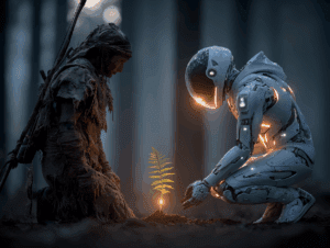 Illustration showing a prehistoric hunter with a spear on one side and a futuristic figure planting a glowing seed on the other. Between them, a luminous sprout rises, symbolizing transformation. The background transitions from a forest to a digital landscape, representing the shift from traditional labor to AI-driven work.