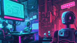Split-screen futuristic illustration: on the left, neon-green holographic robots collaborate around a glowing control table; on the right, colorful chat bubbles radiate from a sleek chatbot icon—depicting proactive AI agents versus conversational ChatGPT