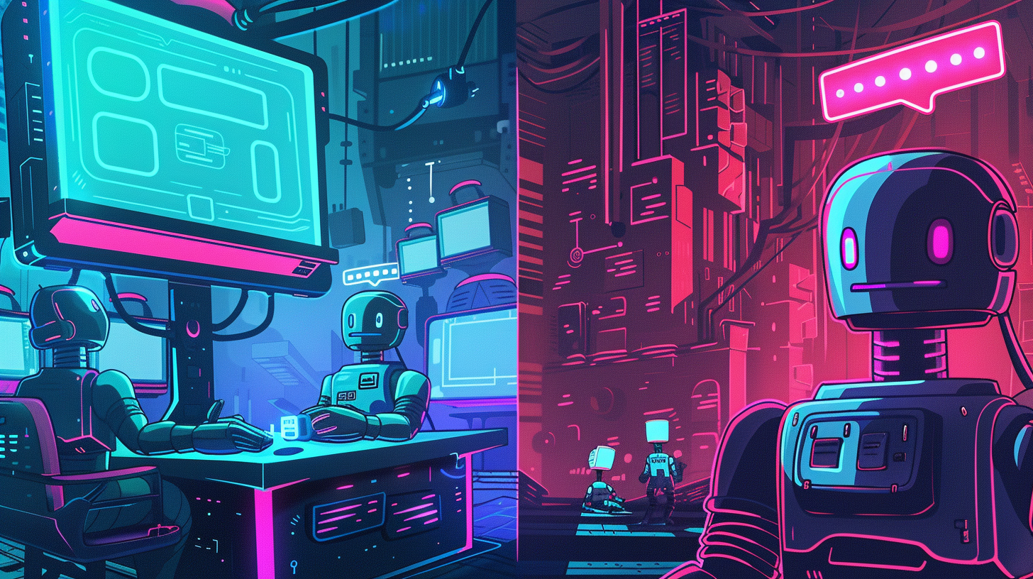 Split-screen futuristic illustration: on the left, neon-green holographic robots collaborate around a glowing control table; on the right, colorful chat bubbles radiate from a sleek chatbot icon—depicting proactive AI agents versus conversational ChatGPT