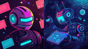 plit-screen futuristic artwork comparing a friendly chatbot with colorful speech bubbles on the left to a team of neon-lit robots coordinating tasks on the right, symbolizing ChatGPT versus AI agents