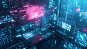 Futuristic control hub lit in neon blues and magentas, an AI core projects holographic workflows as a developer, marketer, and support agent collaborate.