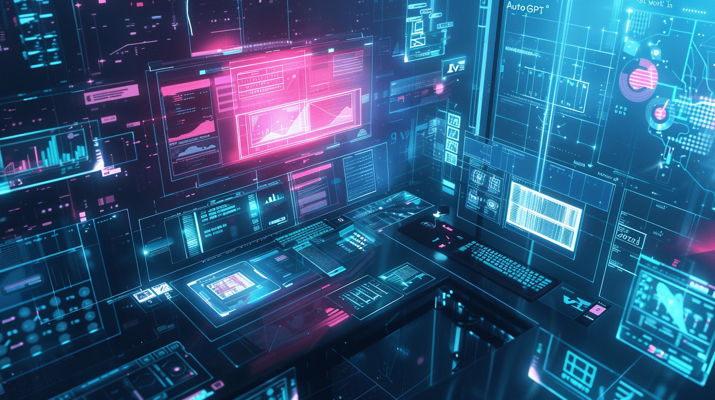 Futuristic control hub lit in neon blues and magentas, an AI core projects holographic workflows as a developer, marketer, and support agent collaborate.