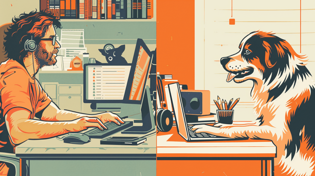 Image of a human on the left site and a dog on the right side representing AI