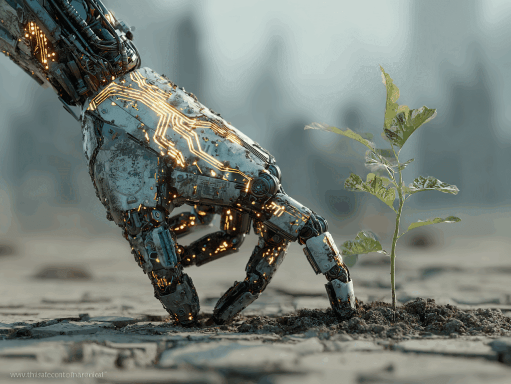 Robotic hand about to touch a sprout