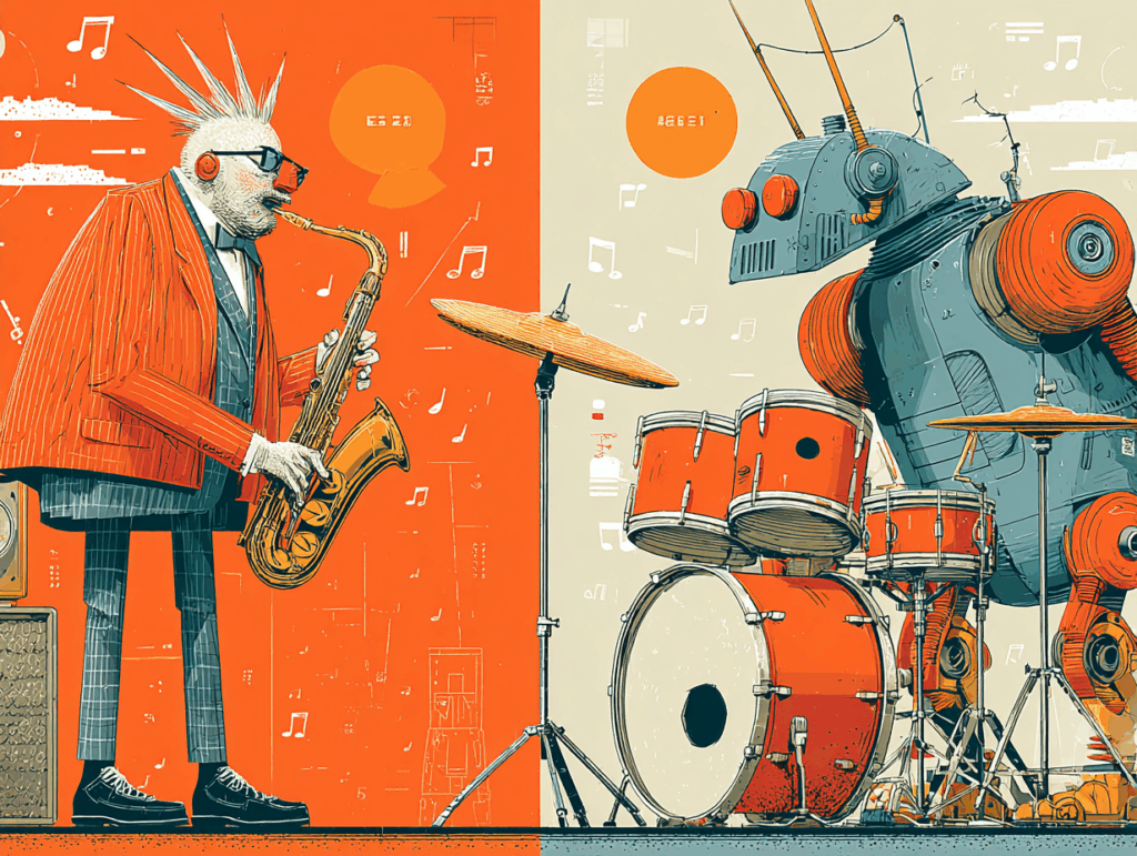 A human saxophonist and a robot drummer playing in harmony