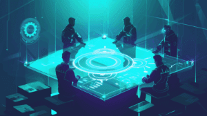 Isometric illustration of a futuristic control hub: five glowing AI avatars share data above a glass table encircled by floating gear-like orbits, lit by a teal-to-indigo gradient.