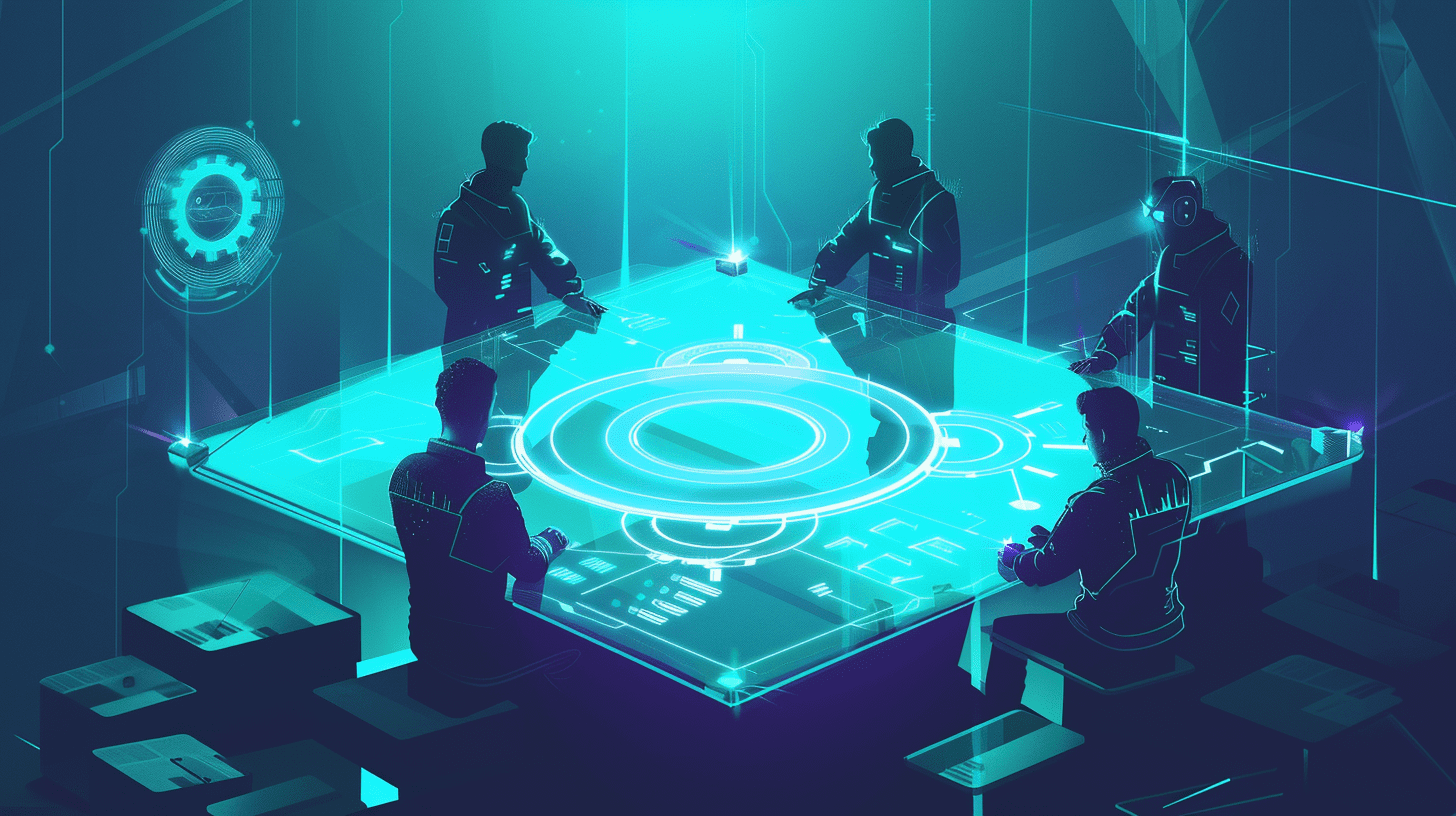 Isometric illustration of a futuristic control hub: five glowing AI avatars share data above a glass table encircled by floating gear-like orbits, lit by a teal-to-indigo gradient.