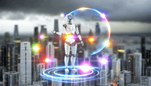 alt_text: A humanoid robot interacts with holograms in a futuristic city, symbolizing Agentic AI's impact.