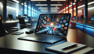 alt_text: A sleek modern workspace featuring a laptop with AI tools, vibrant productivity icons, and a futuristic vibe.