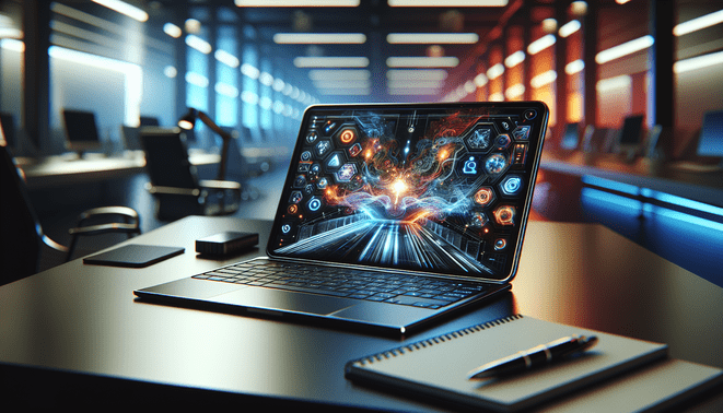 alt_text: A sleek modern workspace featuring a laptop with AI tools, vibrant productivity icons, and a futuristic vibe.