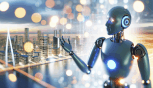 alt_text: Futuristic cover of "Agentic AI" with a humanoid robot interacting in a high-tech, harmonious city.