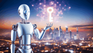 alt_text: Futuristic cityscape at dusk with a humanoid robot reaching for a glowing key, symbolizing AI potential.