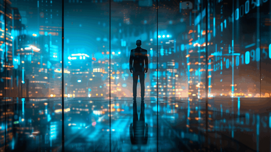 A confident CEO silhouette stands inside a glass-walled boardroom, gazing out over a futuristic blue-teal cityscape where bright data streams and holographic circuitry flow across skyscrapers, all dramatically lit with cinematic depth.