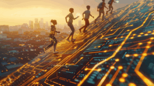 Digital illustration of four diverse professionals—a software engineer, nurse, warehouse technician, and finance analyst—striding up a glowing gold circuit-board staircase toward a sunrise-lit futuristic skyline, with translucent AI holograms hovering supportively beside them, symbolizing workers turning AI anxiety into career growth.
