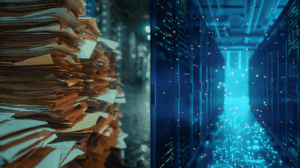 Split-screen visualization comparing traditional document processing with AI-powered systems. Left side shows overwhelming stacks of paper documents, folders, and handwritten clinical trial records in disorganized piles. Right side displays the same documents as organized digital data streams flowing efficiently through modern server infrastructure with glowing blue connections, representing the transformation from 6-week manual processing to 6-hour automated processing.