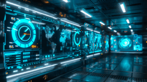 A glowing humanoid AI figure standing at the center of a digital maze made of flowing data streams and IT infrastructu