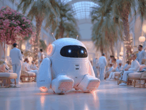 “Futuristic digital workspace showing humans collaborating with glowing, friendly AI agents as equals. The scene is optimistic, with modern offices and hospitality settings, symbolizing innovation, partnership, and the rise of AI-powered teamwork