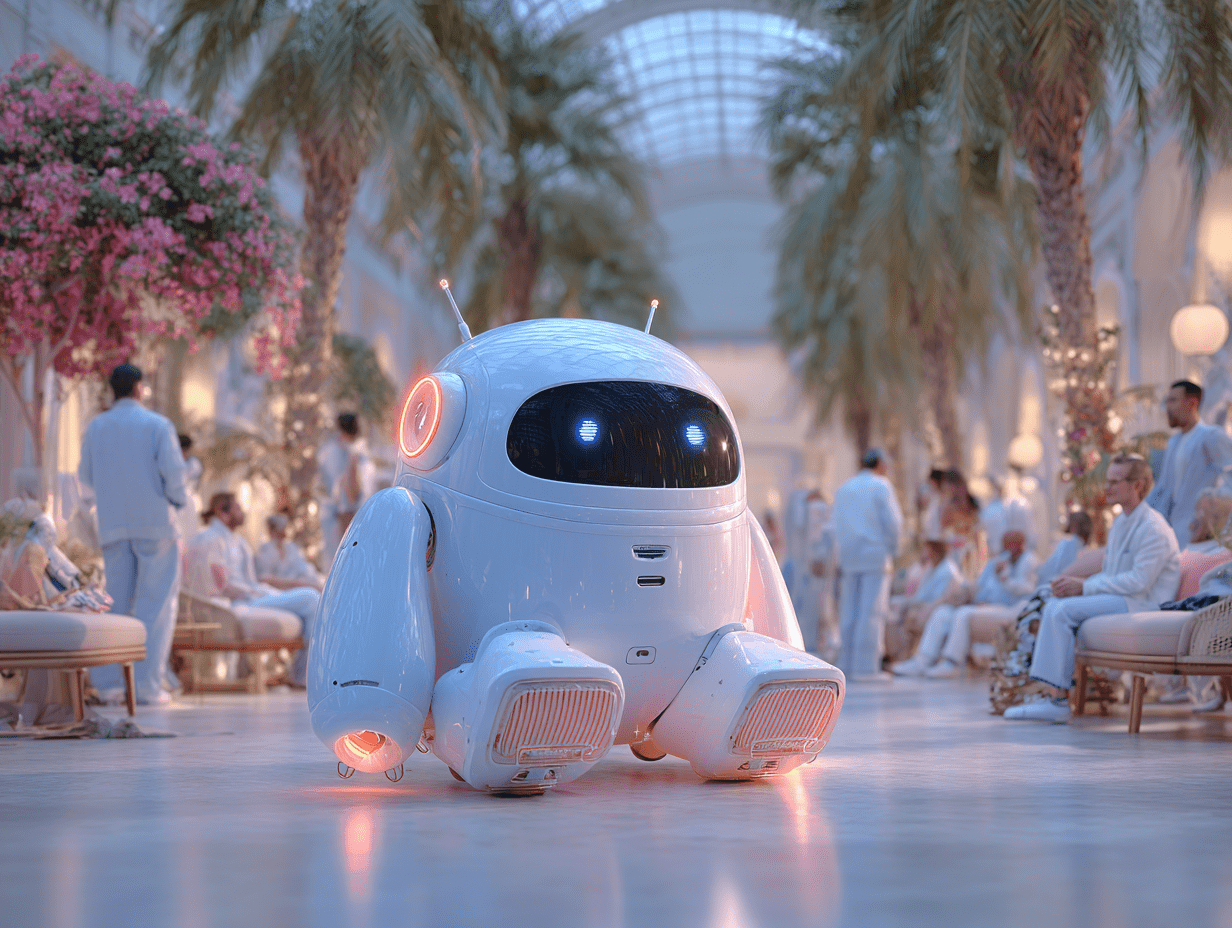 “Futuristic digital workspace showing humans collaborating with glowing, friendly AI agents as equals. The scene is optimistic, with modern offices and hospitality settings, symbolizing innovation, partnership, and the rise of AI-powered teamwork