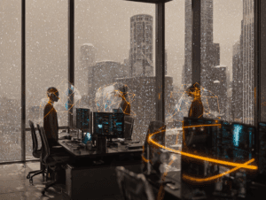 Glass-walled trading floor during a heavy Chicago snowstorm; glowing geometric AI avatars hover over desks, exchanging light-data strands while a snow-blurred skyline looms outside; cool cyan and warm amber lighting.