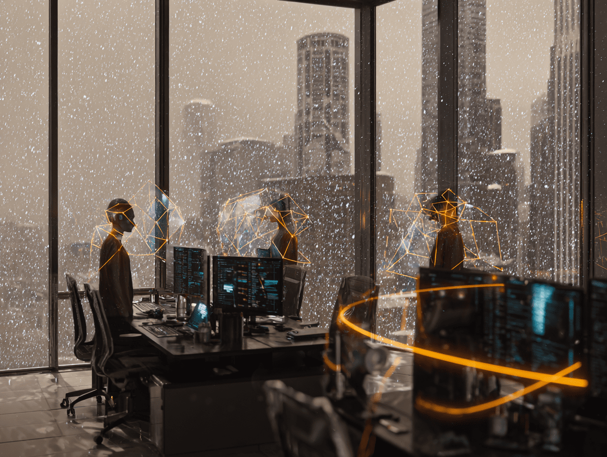 Glass-walled trading floor during a heavy Chicago snowstorm; glowing geometric AI avatars hover over desks, exchanging light-data strands while a snow-blurred skyline looms outside; cool cyan and warm amber lighting.