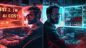 Split-screen illustration comparing AI cost scenarios: On the left, an IT executive looks stressed while viewing a holographic display showing $2.1 million in monthly AI costs with chaotic red warning indicators. On the right, the same executive appears confident viewing an optimized $187,000 monthly cost display with organized green success metrics.
