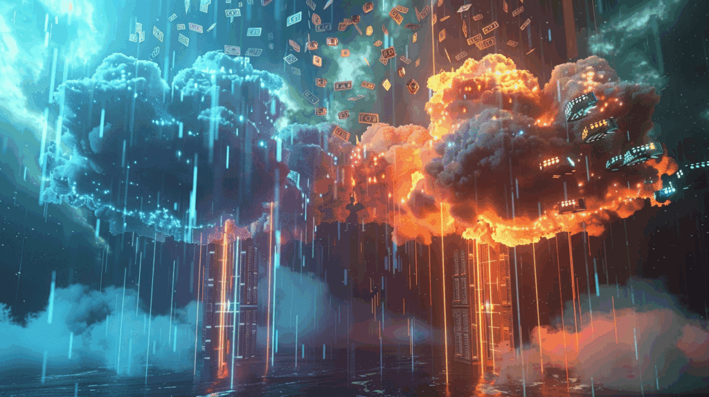 Three towering cloud server platforms representing AWS, Azure, and Google Cloud in a dark data center environment, with digital dollar signs and numbers cascading from one platform showing financial loss, while the other platforms display glowing success metrics and upward trending graphs, illustrating the costly mistakes enterprises make in AI platform selection