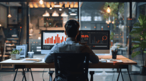 Split-screen image showing a mid-market company CTO's transformation: left side depicts stress and chaos with declining metrics and competitor pressure, right side shows confidence 90 days later with AI agents delivering 240% ROI on streamlined dashboards, illustrating how mid-sized companies can achieve enterprise-level AI success without enterprise resources