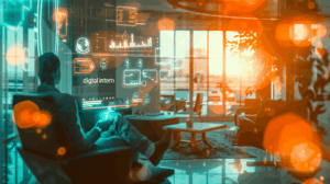 Illustration of a bright modern office where a translucent holographic figure composed of flowing code enthusiastically manages floating data panels beside a coffee-drinking professional, symbolizing an AI agent taking initiative at work.