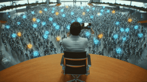 Futuristic office scene: Marc Benioff stares in astonishment at his smartphone while rows of holographic AI avatars handle customer questions. Human support engineers, finally free, cluster around a strategy whiteboard under warm, cinematic light.