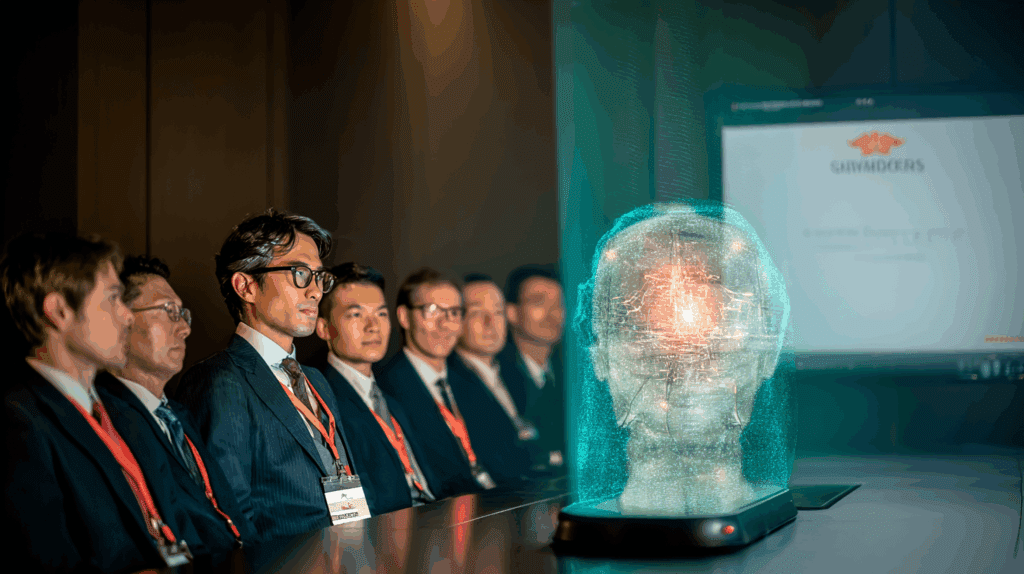 Modern boardroom overlooking a sunrise skyline: a CEO brandishes an AI-Summit badge as a holographic web of agentic AI icons spins above the conference table, captivating a diverse group of executives.