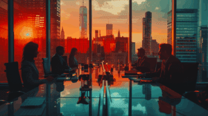 Split-screen image of a corporate boardroom: left side shows a female CTO presenting to concerned board members with declining red charts on screens; right side shows the same room transformed with celebrating executives and rising green financial metrics, representing the journey from AI crisis to success.