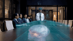 Futuristic boardroom: a CEO hands a corporate credit card to a cluster of holographic AI agents as astonished executives look on, surrounded by glowing profit graphs and neon-lit glass walls.