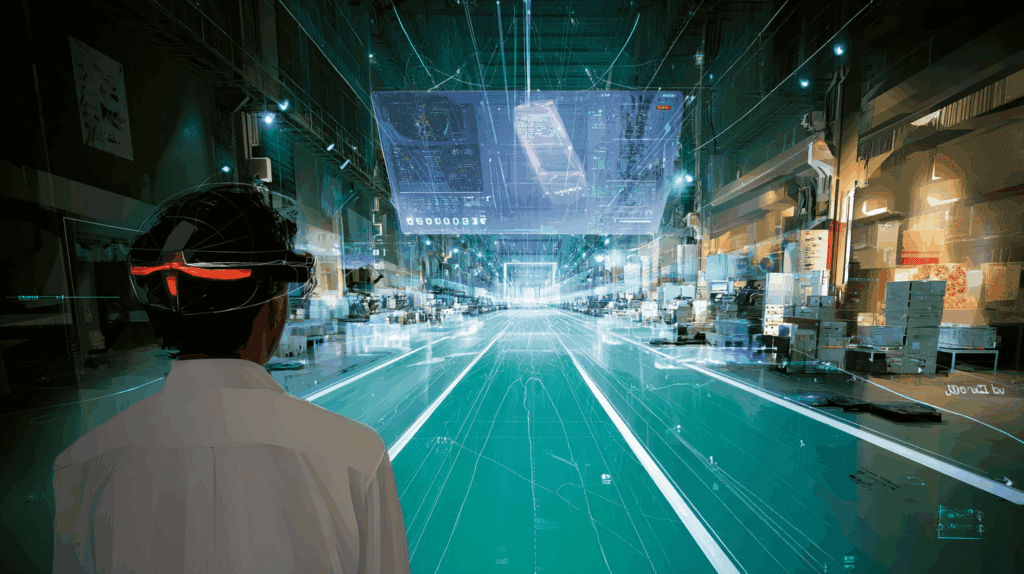 Futuristic hybrid factory and trading floor: hundreds of sleek robots move packages while floating holographic AI avatars broker deals above; massive profit graphs glow on glass screens as an amazed CEO observes through augmented-reality glasses