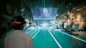Futuristic hybrid factory and trading floor: hundreds of sleek robots move packages while floating holographic AI avatars broker deals above; massive profit graphs glow on glass screens as an amazed CEO observes through augmented-reality glasses