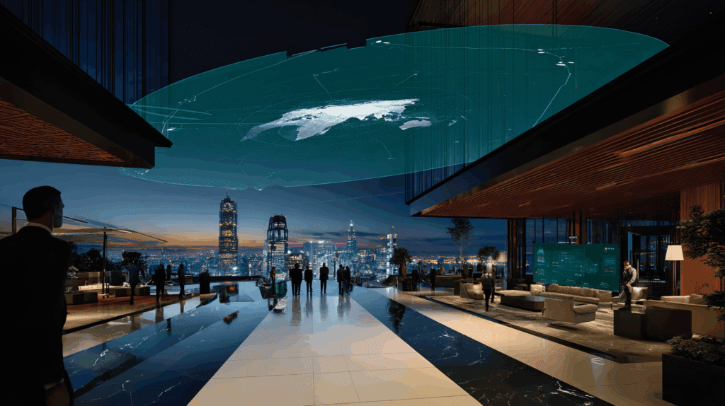 High-tech command room: a confident CIO clasps hands with a glowing holographic AI figure amid engineers studying dashboards that highlight soaring ROI and falling project-failure rates, all framed by neon data streams.