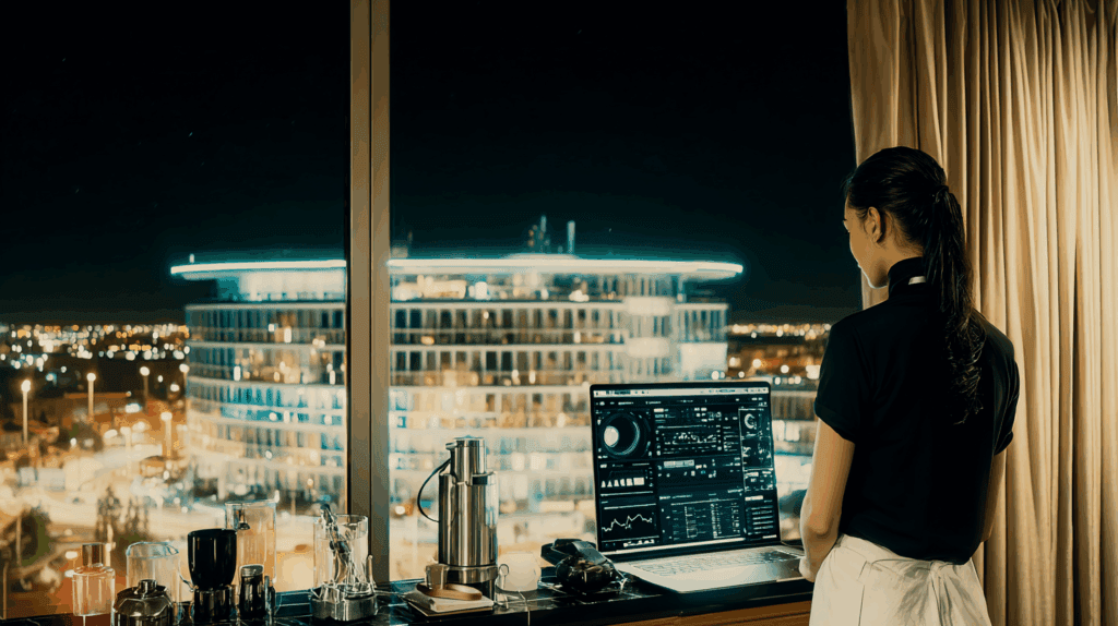 Late-night hotel room in Munich: an anxious executive studies glowing AI performance dashboards on her laptop as city lights shimmer outside, symbolizing a sudden competitive threat.