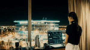 Late-night hotel room in Munich: an anxious executive studies glowing AI performance dashboards on her laptop as city lights shimmer outside, symbolizing a sudden competitive threat.