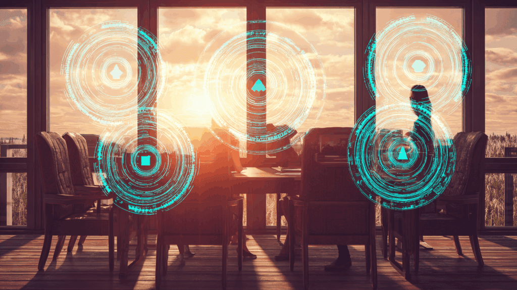 Frankfurt skyscraper boardroom: a CISO showcases holographic AI-governance dashboards turning risk indicators from red to green while board members observe, symbolizing real-time compliance control.