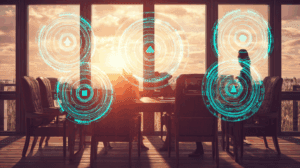 Frankfurt skyscraper boardroom: a CISO showcases holographic AI-governance dashboards turning risk indicators from red to green while board members observe, symbolizing real-time compliance control.