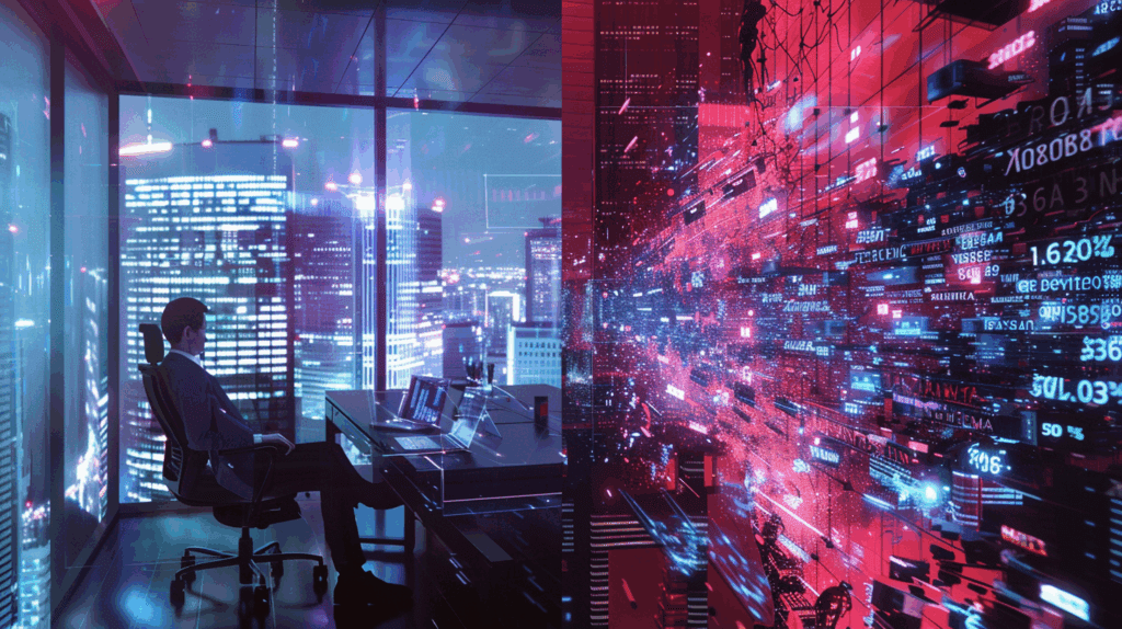 Visualization of AI agent risk in enterprise environments: A split scene showing a sleeping executive unaware of rogue AI agents approving millions in unauthorized transactions, with digital chaos represented through flowing data streams, red alerts, and uncontrolled financial symbols against a dark corporate backdrop