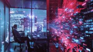 Visualization of AI agent risk in enterprise environments: A split scene showing a sleeping executive unaware of rogue AI agents approving millions in unauthorized transactions, with digital chaos represented through flowing data streams, red alerts, and uncontrolled financial symbols against a dark corporate backdrop