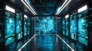 A modern network operations center displaying holographic network infrastructure maps with AI-powered protection shields around critical system nodes. Blue and green data flows show healthy network traffic, while neural network patterns overlay the visualization, representing AI validation systems preventing potential failures.