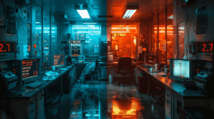 Split-screen illustration comparing AI agent deployment failures and successes. Left side shows a chaotic control room at 3AM with red alerts, system errors, and a distressed IT executive facing a $2.7 billion exposure crisis. Right side displays a calm, modern operations center with green status indicators showing 99.94% accuracy and smooth AI agent operations. The contrast illustrates why 83% of enterprises fail with AI agents while leaders like JPMorgan achieve billion-dollar returns.