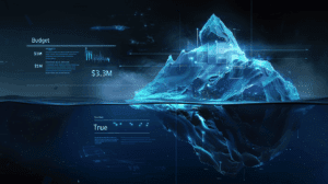 Financial iceberg diagram illustrating the hidden costs of Agentic AI implementation. The visible tip shows initial budget of $1 million, while the massive underwater portion reveals $3.3 million in true total costs, including integration complexity (18%), change management (15%), continuous optimization (12%), and other hidden expenses. A holographic dashboard overlay displays key metrics: 73% of implementations exceed budget with 2.4x average overrun.