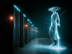 Futuristic server room at night watched over by an AI guardian made of light