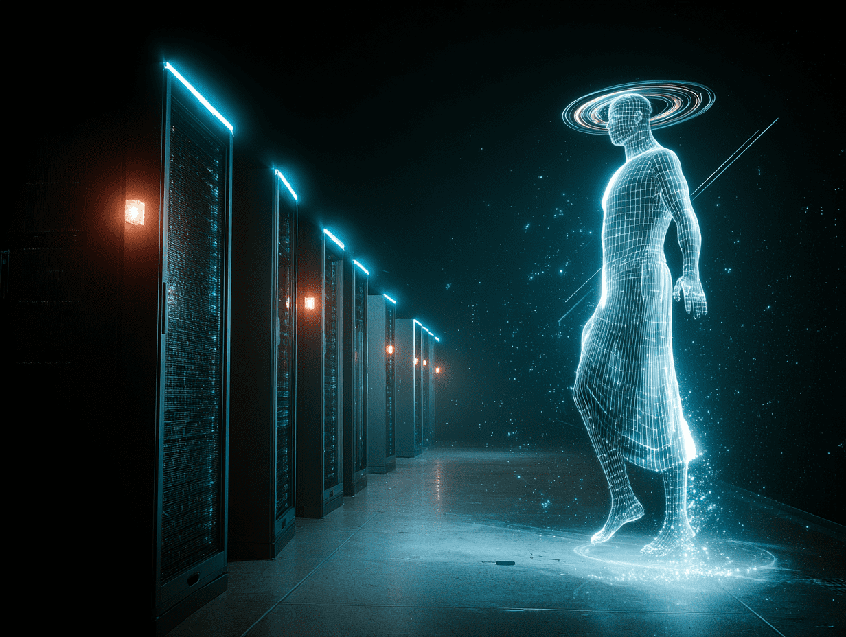 Futuristic server room at night watched over by an AI guardian made of light
