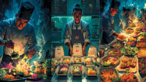 Visual showing a gourmet chef, take out and a buffer of AI