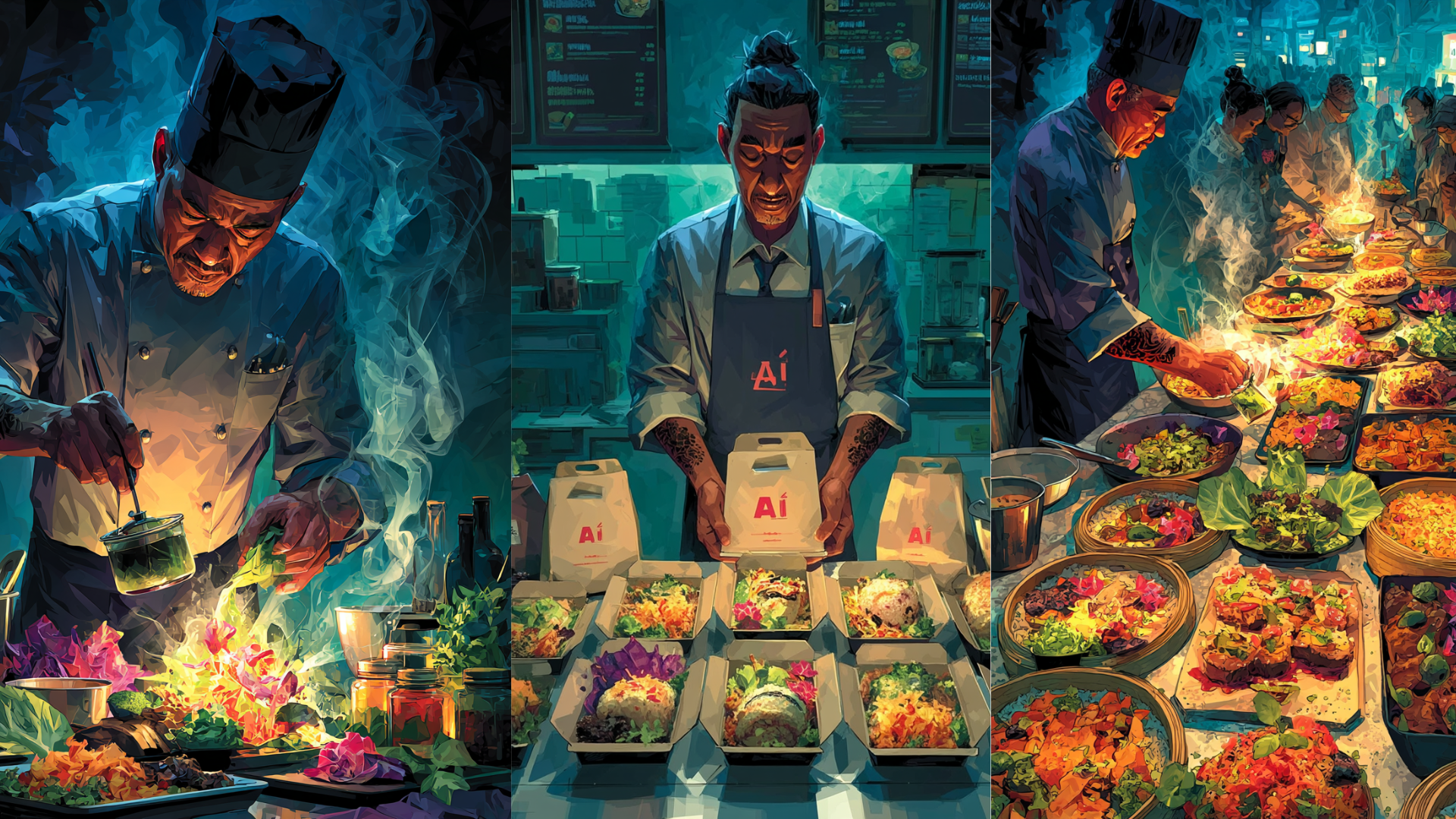 Visual showing a gourmet chef, take out and a buffer of AI