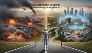 alt_text: A humanoid robot at a crossroads amid futuristic landscapes depicting AI's risks and potential.